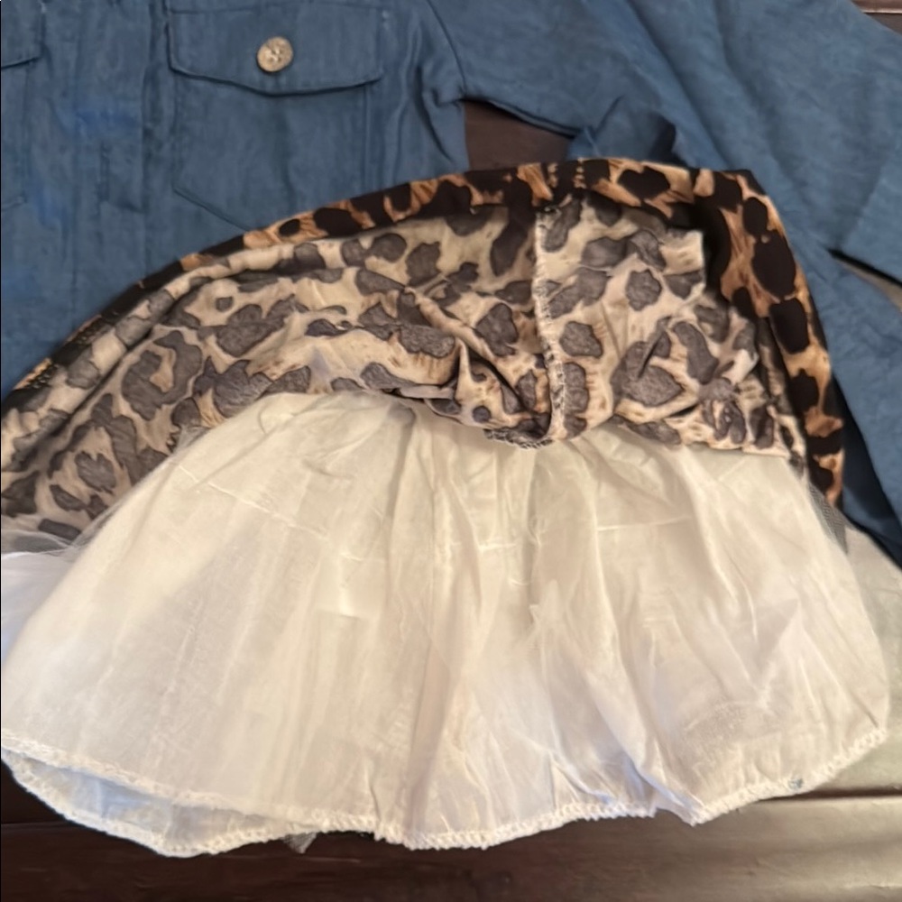 NWOT Baby Girls Blue Jean Look Shirt with Long Sleeves with leopard skirt! - Picture 3 of 5